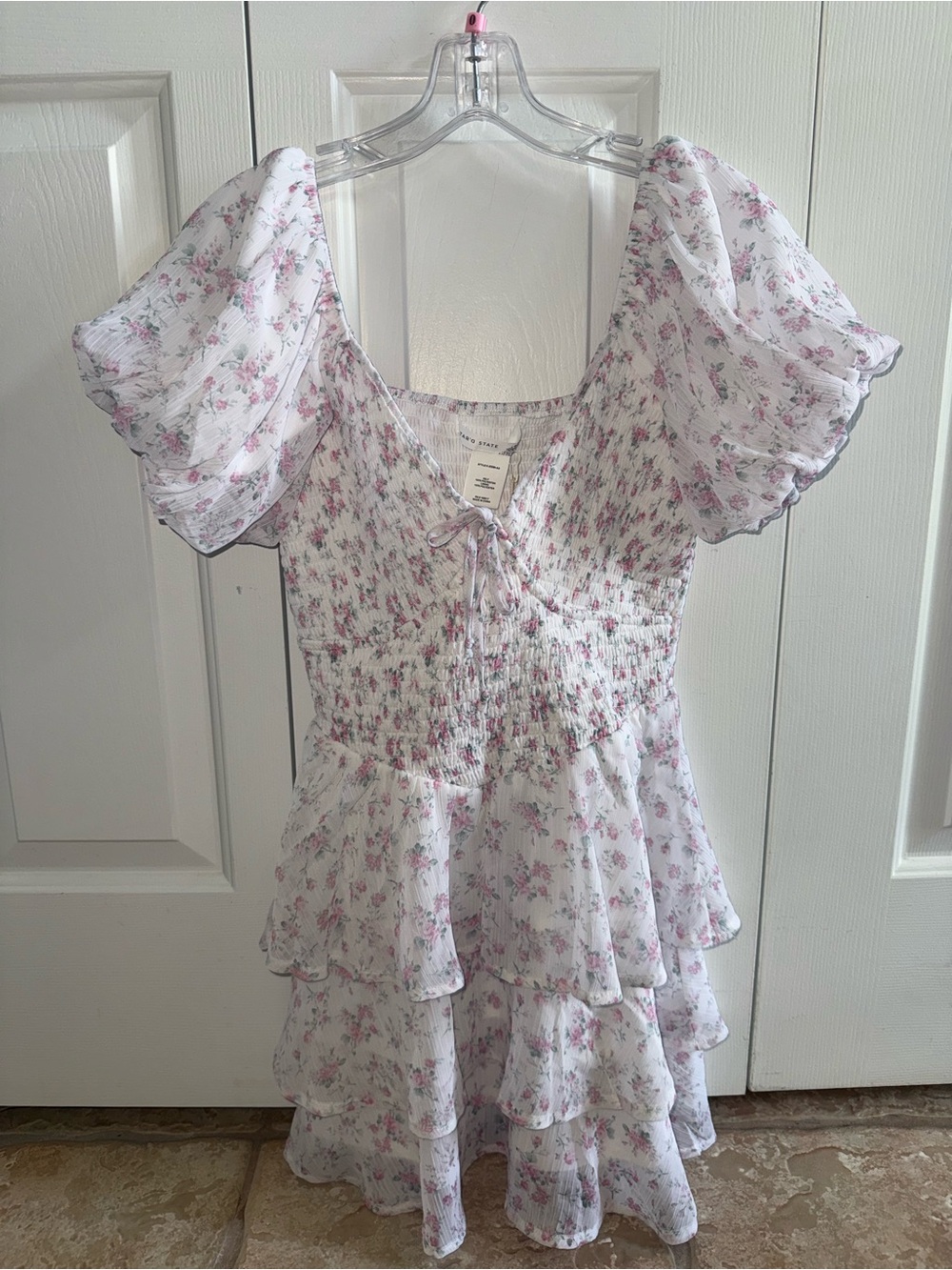 Altar'd State Dainty White Puff Sleeve Mini Dress with Pink Floral Print XS